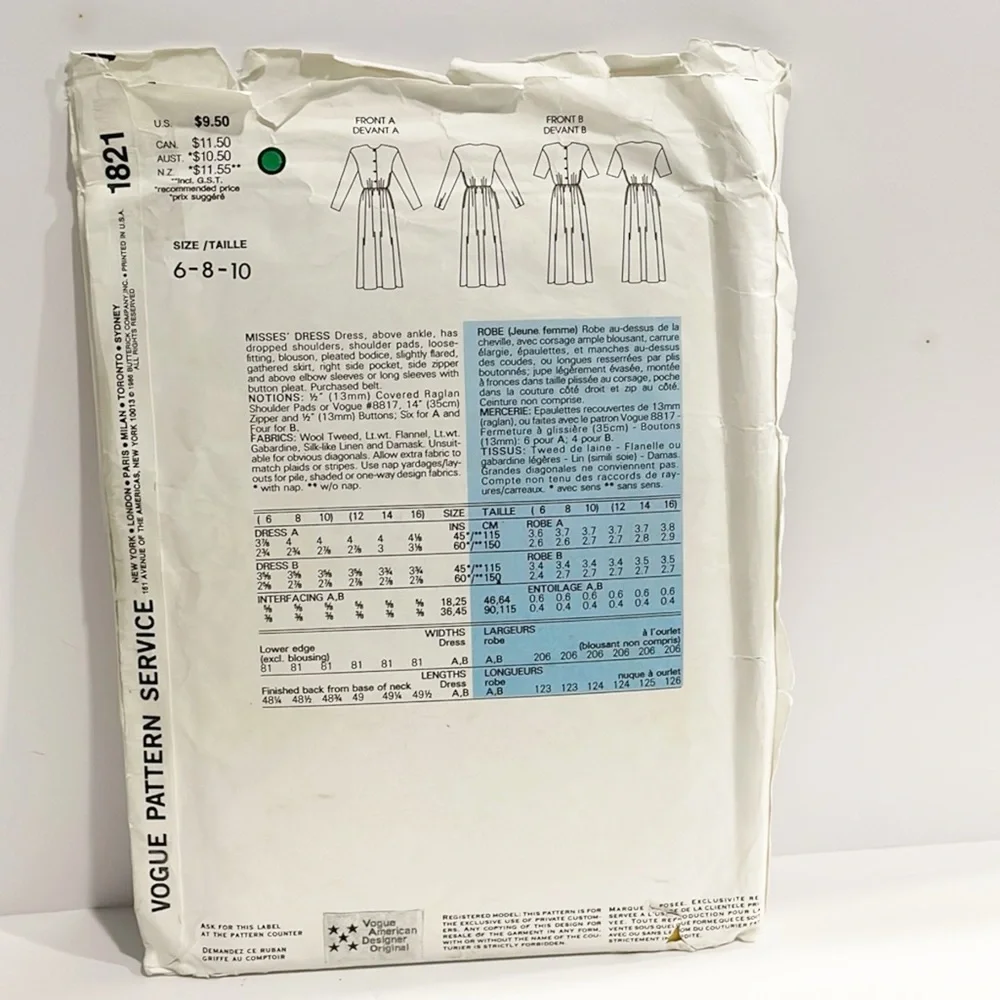 UNCUT VTG Vogue‎ 1821 American Designer sewing pattern Ralph Lauren dress 6-10